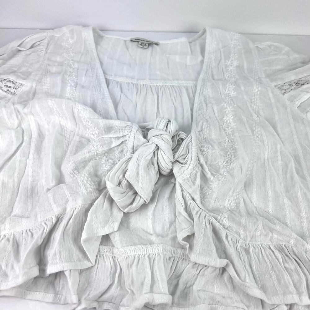 American Eagle V-Neck Gauzy Lace Tie-Front White Blouse Top BOHO L - Picture 9 of 14